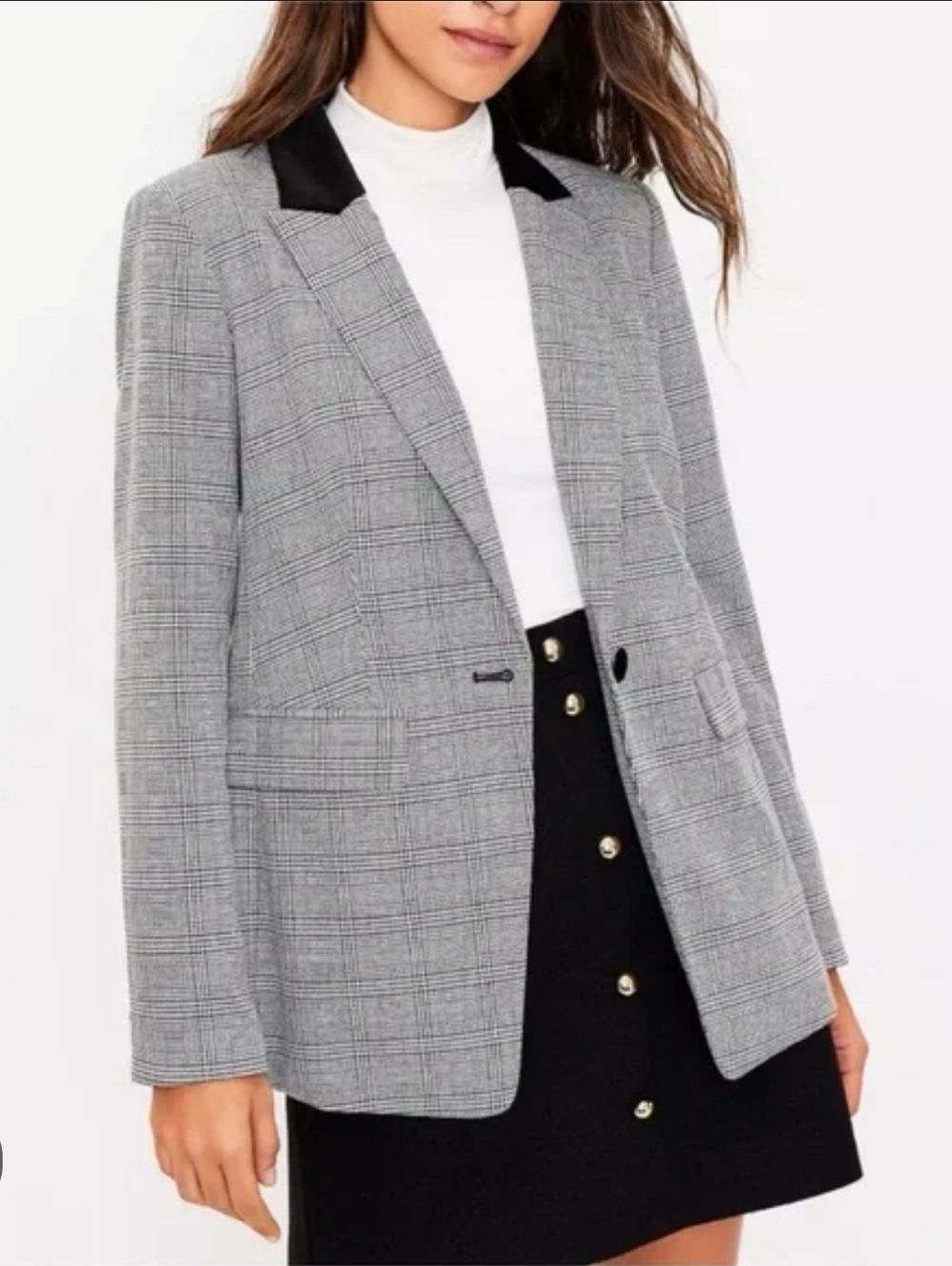 NWOT Loft Micro-houndstooth Plaid Blazer w/ Velour Lapel & Buttons, P2P 19 in.